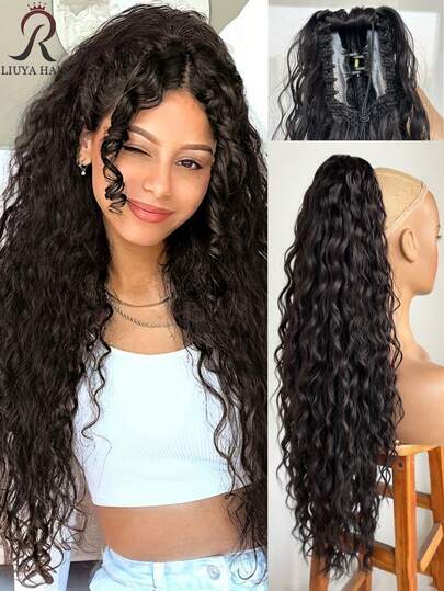 28 英寸长波浪马尾辫，多层合成耐热接发，男女适用，卷曲波浪耐热纤维假发，易于佩戴，黑色和棕色长发接发适合派对和日常造型，适合所有种族女性的基本造型，高温纤维，外观自然