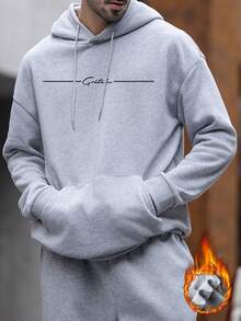 Zrgoth 男士休闲街头风花卉字体标语“感恩”极简印花抓绒连帽衫，秋冬款 - 灰色 - 查看 3