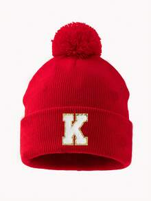 1pc Women's Fashion A-Z Letter Fuzzy Pom Pom Knit Beanie Hat, Suitable For Autumn/Winter Daily Warmth And Outfits - Red - View 20