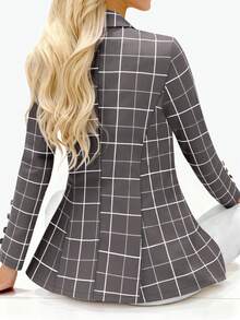 Women's Button Front Notch Collar Long Sleeve Plaid Casual Blazer Jacket - Grey - View 2