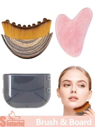 2 Pieces Lymphatic Drainage Massager Set - Jade Gua Sha Board & Sculpting Brush For Face, Chin, Jawline And Body Sculpting