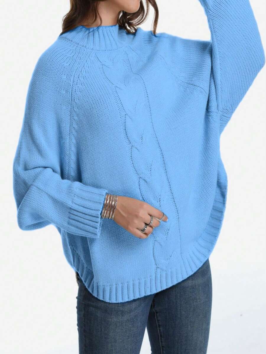 Plus Size Casual Solid Color Batwing Sleeve Pullover Sweater, Autumn/Winter - Light Blue - View 1