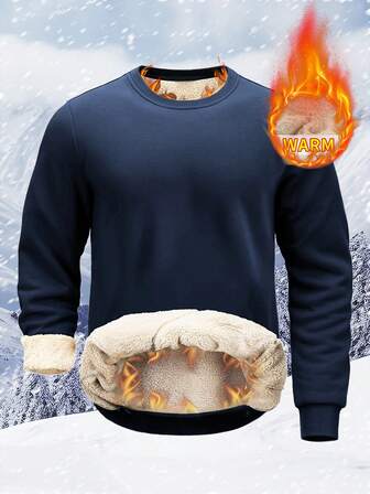Men's Warm Pullover Sweatshirt, Thickened Thermal Lined, Loose Fit, Suitable For Daily Commute, Casual Home Wear, Outdoor Sports, Crew Neck Long Sleeve Hoodie, Autumn/Winter
