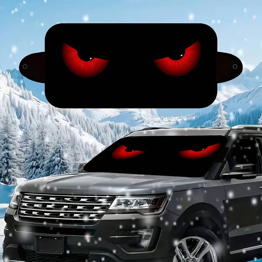 Easypie Selection 1pc Red Eyes Winter Car Windshield Snow Cover | Icy Weather And Winter Essentials, Vehicle Anti-Snow Shield With Replaceable Suction Cups, Polyester Material - Front Windshield Snow Shield - View 1