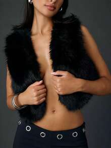 Faux Fur Vest Women Fall Fashion Sleeveless Fuzzy Jacket Fluffy Coats Winter Clothing Furry Outerwear Vests - 黑色 - 查看 2