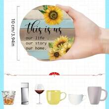 6 件装向日葵主题艺术杯垫 - 耐热、防滑、可清洗木质杯垫，印有励志语录，适用于家居、办公室和派对装饰 | 非常适合盛放咖啡、茶，也是馈赠佳品，男女皆宜 - 彩色 - 查看 4