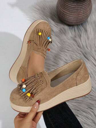 Women's Slip-On Loafers - Fringe Platform Shoes, Comfortable All Season, Minimalist Elegant Design