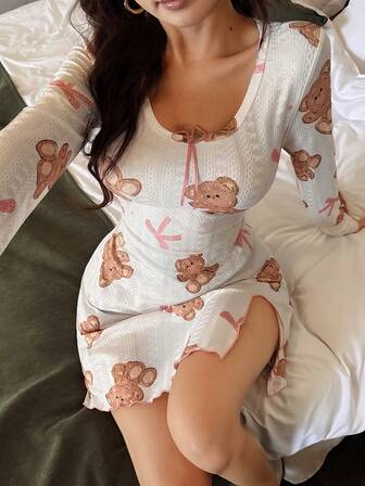 Camisón de manga larga con estampado de lazo y oso en tejido de jacquard de punto para mujer, ropa cómoda de otoño/invierno, pijama de oso de peluche para mujer, vestido de dormir casual, ropa de dormir linda, ropa cómoda de primavera/otoño/invierno para mujer