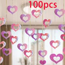 100个红色心形亮片挂饰，情人节心形装饰，结婚纪念日爱情派对天花板装饰，情人节派对用品，心形亮片挂饰，餐厅展示和装饰，新娘送礼会婚礼仪式必备，婚礼仪式装饰，情人节（带挂绳）