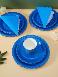 100/75/25/10 piezas Platos desechables con forma de pétalo azul real, servilletas, vasos, suministros para fiestas, adecuados para 25 invitados, platos de papel desechables vajilla para fiestas de cumpleaños, bodas, fiestas, picnics familiares - azul real - Ver 4