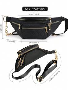 Black Waist Bag, Korean-Style Rhombus Pattern Shoulder Crossbody Bag With Large Capacity And Multiple Layers - Black - View 6