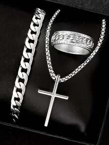 四件套男士时尚商务休闲腕表套装，包括大表盘圆形钢带石英表、个性化链式手链、十字架吊坠项链和戒指，适合作为礼物、各种场合和日常佩戴。