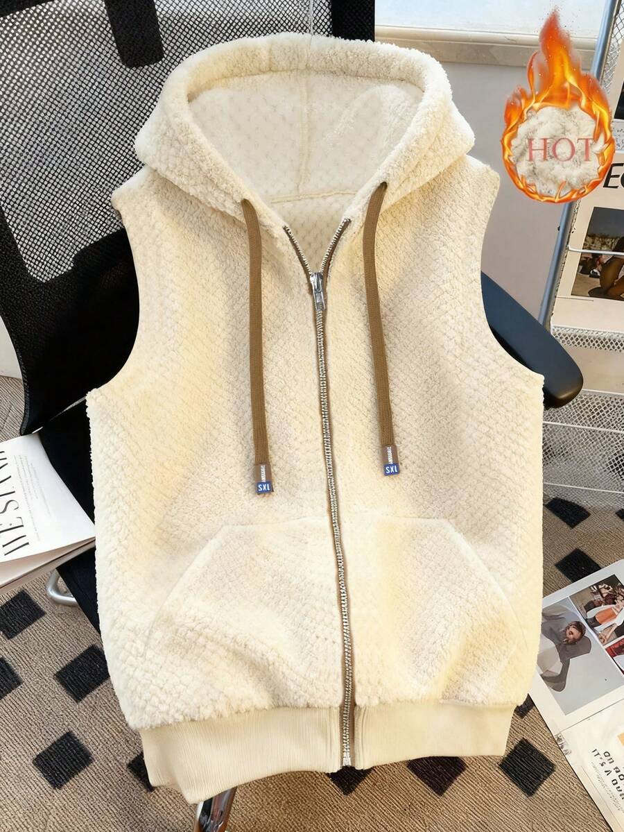 女士宽松抽绳柔软保暖休闲背心外套，米色，秋冬季