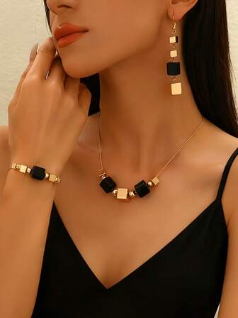 1 Set Geometric Square Necklace, Earrings And Bracelet Jewelry Set, Acrylic Color Block Pendant Choker Bracelet Earrings Bohemian Geometric Beaded Jewelry Set, Versatile For Daily, Holiday, Party, Banquet