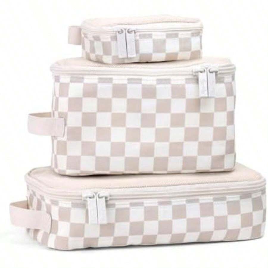 Ritzy - Juego de 3 cubos de embalaje o organizadores de viaje; cada cubeta cuenta con una parte superior de malla, cremalleras dobles y mango de tela (leche y miel)(tablero de ajedrez) - Multicolor - Ver 1