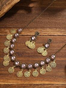 1 Set de Collar con Colgante y Aretes Enchapados en Oro con Gemas Estilo Bohemio Vintage, Adecuado para Uso Diario y Festivales