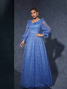 High-End Evening Gown With A One-Shoulder Ruffled Collar And Long Sleeves Embroidered Lace. - Blue - View 6