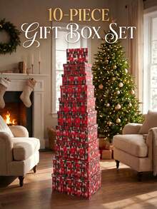 Nuovo set regalo natalizio rettangolare da 10 pezzi, perfetto per i bambini, che comprende alberi di Natale, renne e fiori natalizi.
