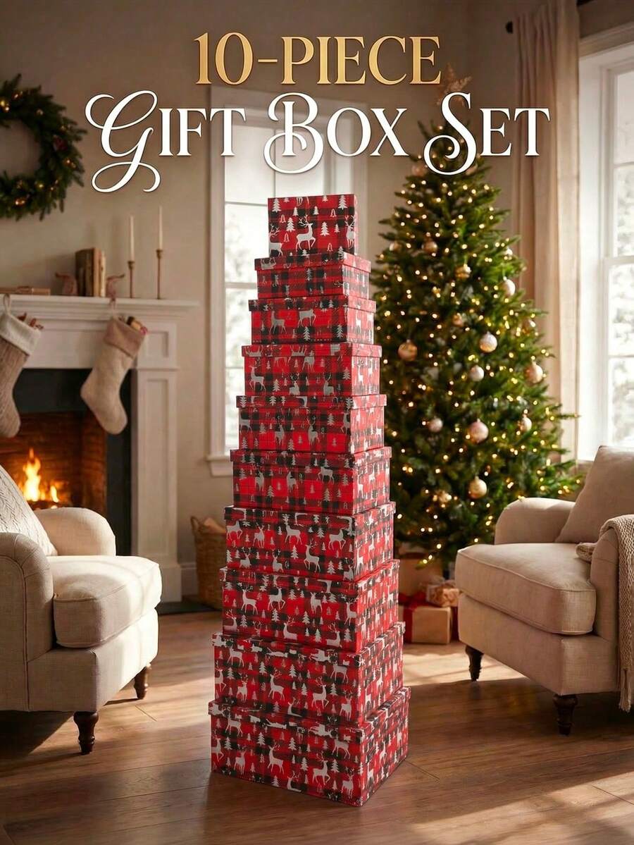 Nuovo set regalo natalizio rettangolare da 10 pezzi, perfetto per i bambini, che comprende alberi di Natale, renne e fiori natalizi.