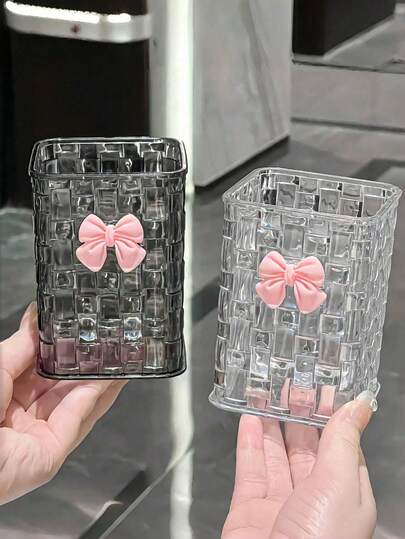 1pc Transparent Desktop Storage Box With Pink Bow Decor, Pen Holder And Compartments, Suitable For Back To School Supplies, Office Supplies, Dorm Items, Cosmetics, Skincare And Office Essentials