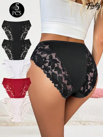  FOVTY 5条装花卉印花蕾丝边女士内裤，时尚性感蕾丝三角裤，舒适居家日常内衣，秋冬时尚单品