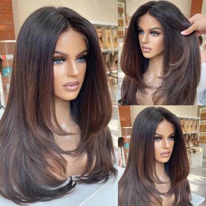 Ombre Brown Layered Wig 100% Human Hair 13x4 Lace Front Human Hair Wigs Straight For Women Daily&Party Use Wig Preplucked Lace Front Free Part Wig Brazilian Virgin Hair Wig Glueless Long Straight Human Hair Wig