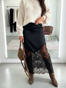 Chân váy bút chì ôm dáng, màu trơn, chất liệu vải dệt, phối ren, có khóa kéo, thích hợp mặc hàng ngày, mùa thu/đông (YY1127) Màu đen mùa xuân - màu đen - Xem 7