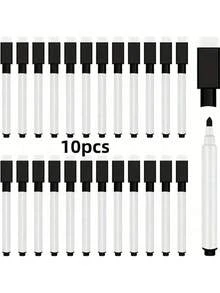 12pcs Reusable Dry Erase Markers, High Quality Black Ink, Black/White Barrel, Washable Water-Based Ink, With Eraser Brush, Back To School, Whiteboard Markers With Eraser Brush For Office & Teaching, Back To School Colors And Styles Random - Black - View 12