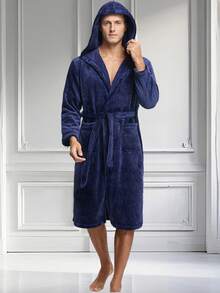 Mens Plush Fleece Hooded Robe, Soft Warm Long Bathrobe With Pockets, Cozy Spa Shower Robe - Blue - View 2