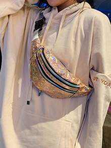 女士时尚户外亮面腰包，彩色拉链设计，跑步亮面腰包，女士斜挎胸包，反光户外沙滩包，配有可调节肩带，适合日常使用、户外活动、旅行、徒步、慢跑、骑行，便携设计，是理想的礼物之选。 - 彩色 - 查看 4