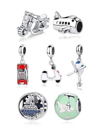 1pc Silver-Plated Zirconia Airplane, Car, Boat Shaped Beaded Pendant, Suitable For DIY Bracelet, Necklace, Women's Holiday/Birthday Gift
