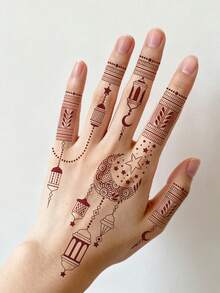 2pcs Moon & Flower Pattern Burgundy Temporary Tattoo Stickers - Manhaiti Design Body Art Tattoos, Suitable For Party And Holiday - Brown - View 5