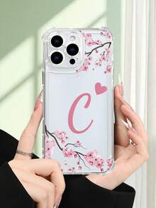 1 pieza Funda de teléfono con diseño de ramas de flor de cerezo y letra C con corazón, funda transparente resistente a golpes, ligera y con corte preciso, compatible con iPhone 17/16/15/14/13/12/11/XS/XR/X/PLUS/PRO/PROMAX, compatible con Galaxy A34/A35/A54/A55, Galaxy S20/S21/S22/S23/S24 Ultra/Plus, compatible con Moto/Galaxy/Redmi/Honor/OPPO, regalo de fiesta - transparente - Ver 2