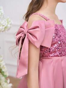 Tween Girls Spaghetti Strap Sequin Bow Satin Elegant Hosting School Party Trailing Princess Dress, Suitable For Birthday Party, Prom, Does Not Include Headband - Dusty Pink - View 10
