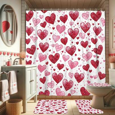 1 set hjärtformat duschdraperi med hjärtansmotiv, romantisk rosa badrumsdekor i polyester med halkfri badrumsmatta, U-format toalettlock och 12 krokar, maskintvättbar, vävd, ofodrad - 4-delat set