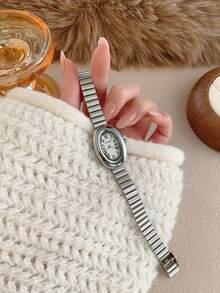 1 件椭圆形竹节表带女士手表，可调节金色表带，优雅百搭的石英腕表，适合日常佩戴，是理想的日常搭配礼物。 - 銀色 - 查看 2