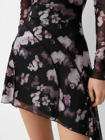 Vestido casual mini con estampado floral, dobladillo asimétrico y lazo delantero, elegante y sexy para citas, fiestas y reuniones con amigos, primavera/verano