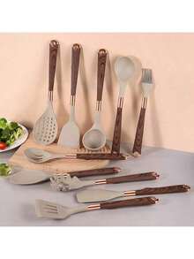 1 Set 12pcs Silicone Wood Grain Non-Stick Cookware Set, Heat Resistant Coated Golden Wood Grain Handle Cooking Utensils