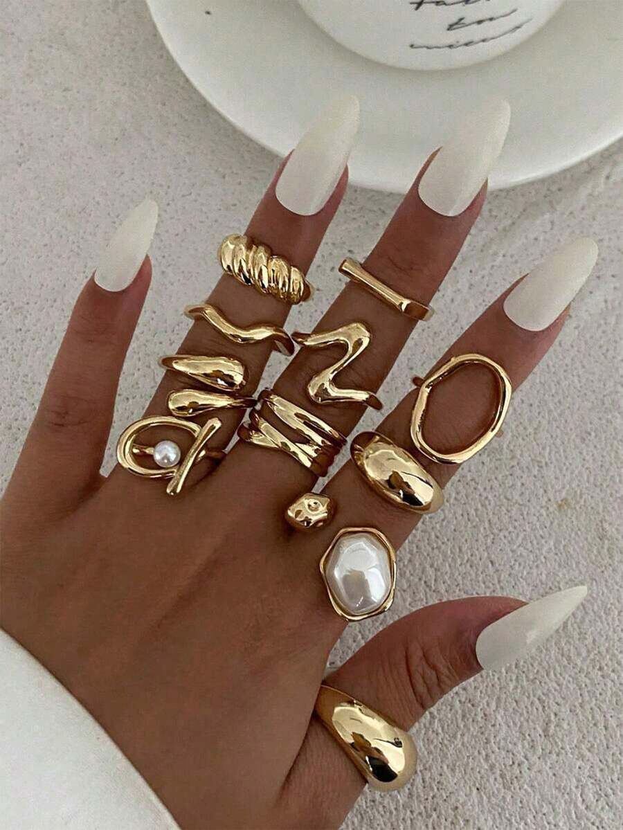 11pcs Vintage Punk Baroque Faux Pearl Asymmetric Hollow Geometric Ring Set, Fashionable Design Suitable For Women's Daily Outfit And Party Accessories - Gold - View 1