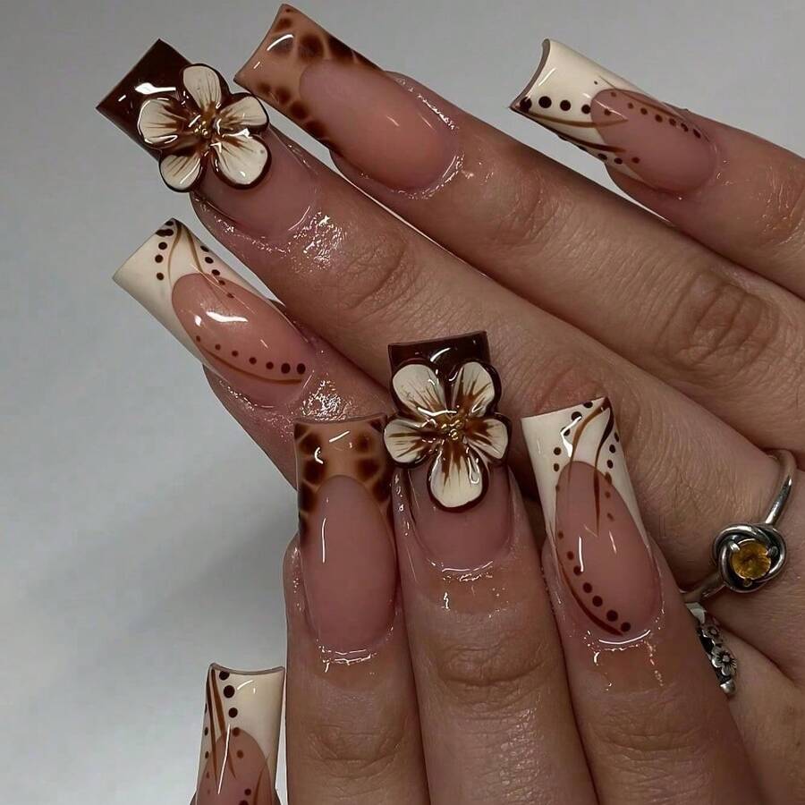 A Box Of 24pcs Of European And American Push-On Wearable Nails, Sweet And Cool Flowers, Glittering Diamonds, European Square Medium-Sized False Nails, Suitable For Girls And Women, Gifts With 1 Jelly Glue And 1 Nail File - 指尖上的甜蜜 - 查看 1