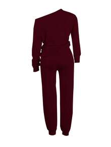 Women's Casual Solid Color One-Shoulder 2-Piece Set, For Home & Daily Wear, Autumn Elegant Spring - Burgundy - View 4