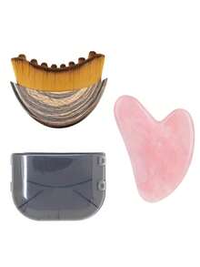 2件套淋巴引流按摩套装 - 玉石刮痧板和塑形刷，适用于面部、下巴、下颌线和身体轮廓塑形