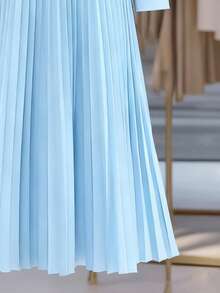 Women's Elegant Pleated Button-Down Long Sleeve Shirt Dress (Belt Not Included), Autumn - Baby Blue - View 2