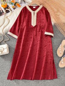 Vihyde 1pc Tween Girl Wine Red Floral Trim Collar 3/4 Sleeve Slit Jacquard Dress - Burgundy - View 3