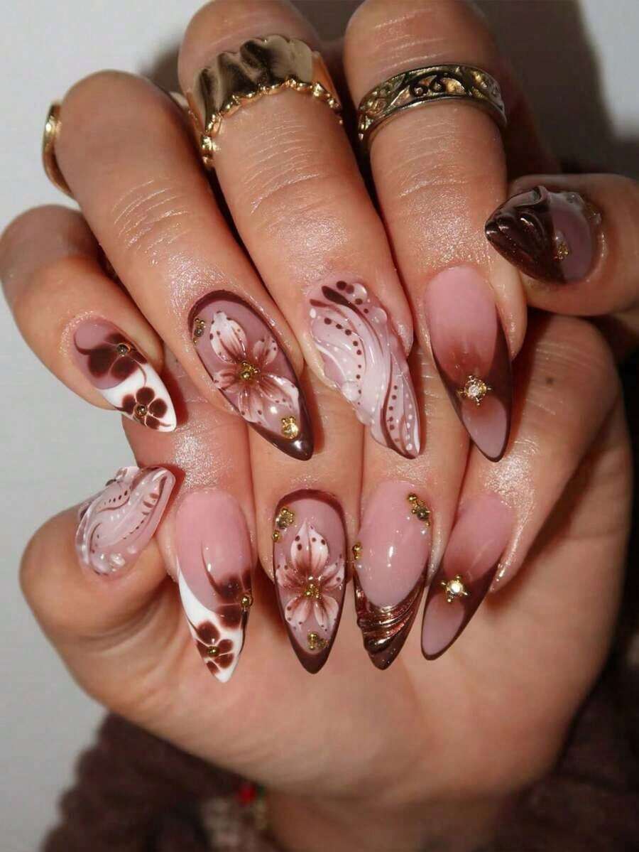 24pcs Almond Shaped 3D Gel Nail Stickers, Floral Nail Art Design, French Tip Style, Medium Size Metal Cross Decor, Pearl Accent, Perfect For Acrylic Nail Tips, Includes: 1pc Jelly Gel And 1pc Nail File. Almond Shaped French Nail Stickers, Suitable For Women's Daily Work, Festivals And Parties. - 棕色 - 查看 1