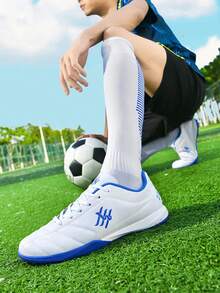 1 Pair Adult & Youth Low-Top Outdoor Soccer Cleats, Football Training Shoes, Non-Slip, Durable, AG, FG, Natural Grass, Soft Ground, Leather, Lace-Up, Lightweight, High-Performance Anti-Slip Design, Size 33-45, 4 Color Options - White and Blue - View 9