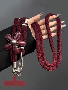 1条花卉毛绒手机挂绳，可调节斜挎蓬松花朵手机带，优雅奢华手机壳链，秋冬蜜蜂相机肩带