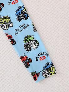 2件套男童及青少年休闲卡通怪兽汽车印花翻领长袖开衫和长裤睡衣套装，阻燃，四季皆宜