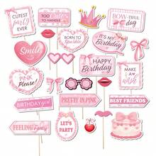 Phụ kiện chụp ảnh sinh nhật nơ hồng, đồ trang trí tiệc chủ đề ngọt ngào dành cho phụ nữ, bộ phụ kiện selfie vui nhộn cho buổi tiệc sinh nhật, phụ kiện chụp ảnh bằng giấy. - Nhiều màu - Xem 1