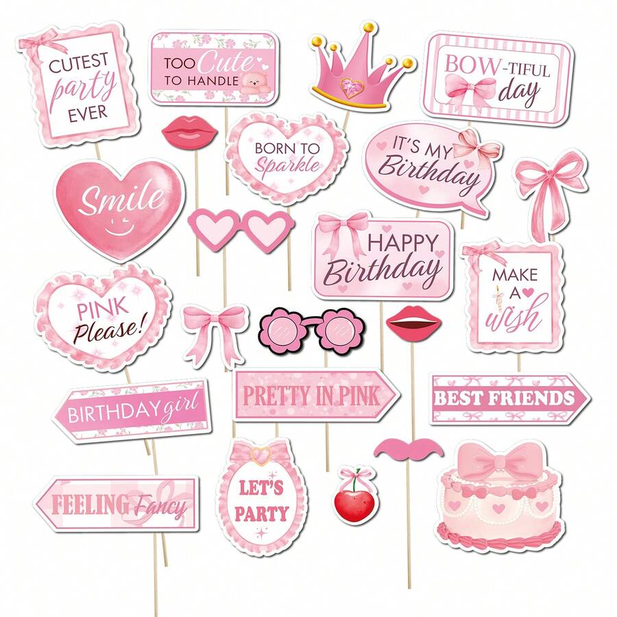 Phụ kiện chụp ảnh sinh nhật nơ hồng, đồ trang trí tiệc chủ đề ngọt ngào dành cho phụ nữ, bộ phụ kiện selfie vui nhộn cho buổi tiệc sinh nhật, phụ kiện chụp ảnh bằng giấy. - Nhiều màu - Xem 1